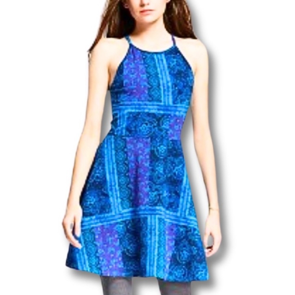 SKATER DRESS Fit & Flare Punk Halter Sundress Coastal Chic Blue Purple  SZ L